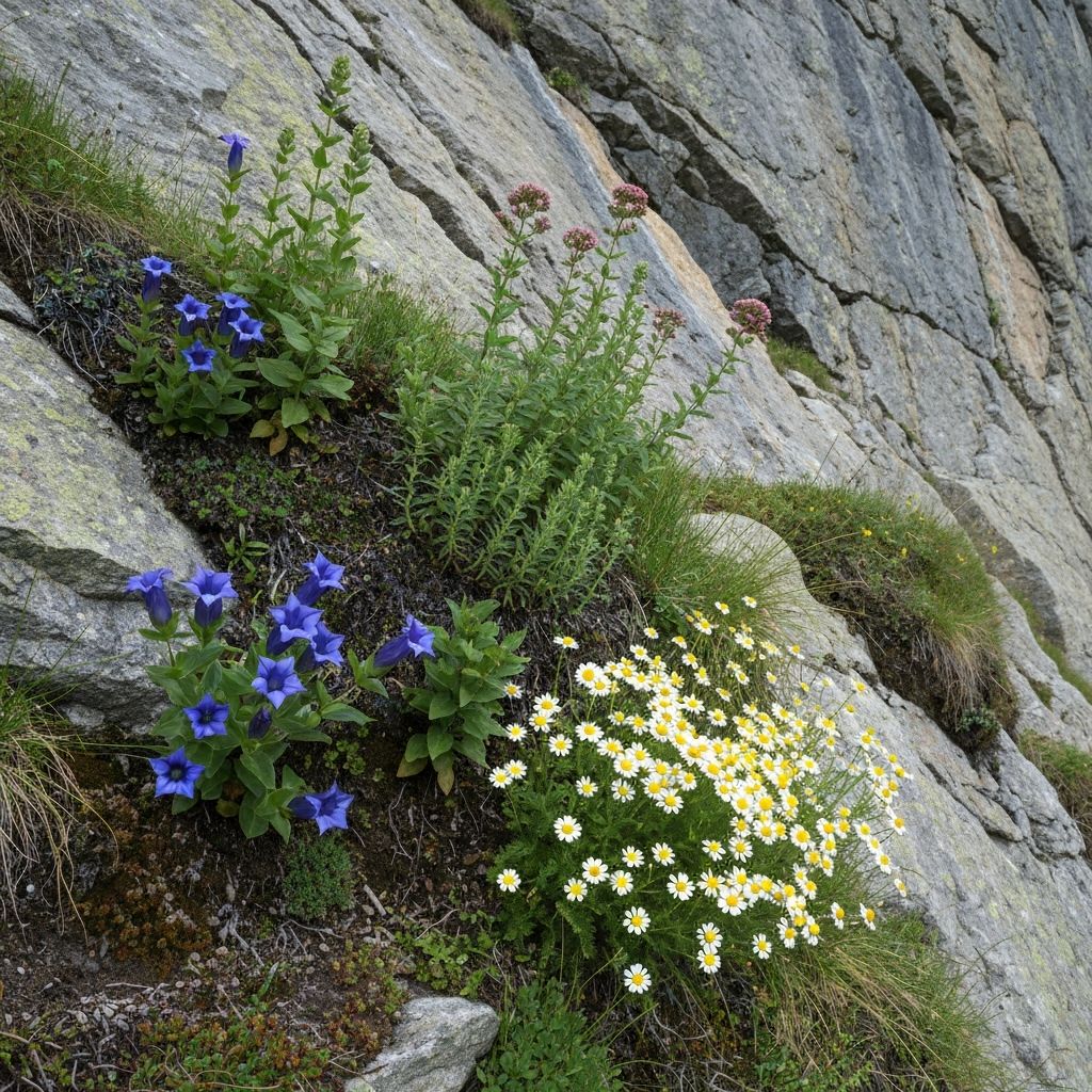 Alpine Pflanzen an Felswand